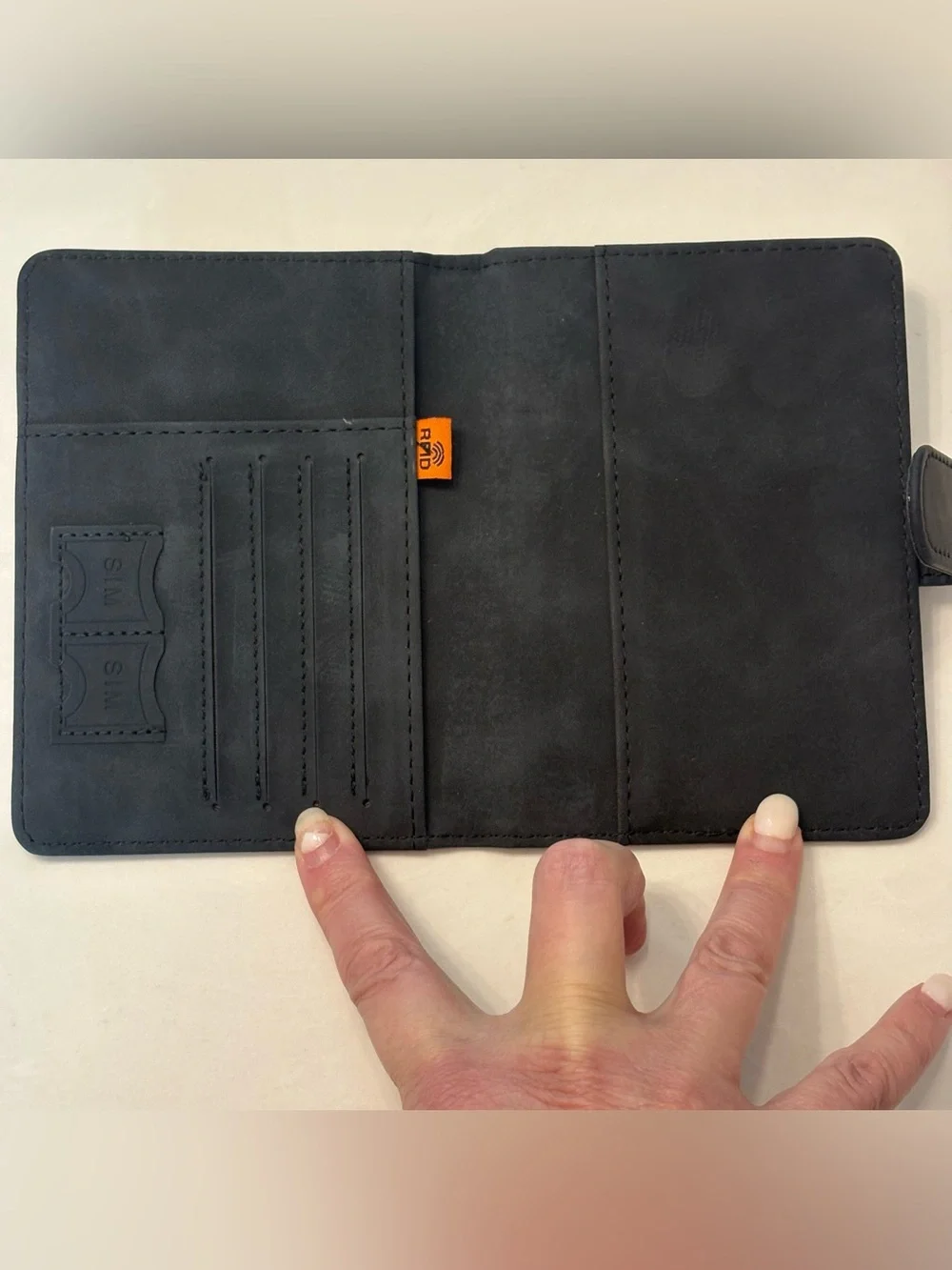 NEW Black Vegan Leather Slim Passport Holder RFID Blocking Embossed 7 pocket